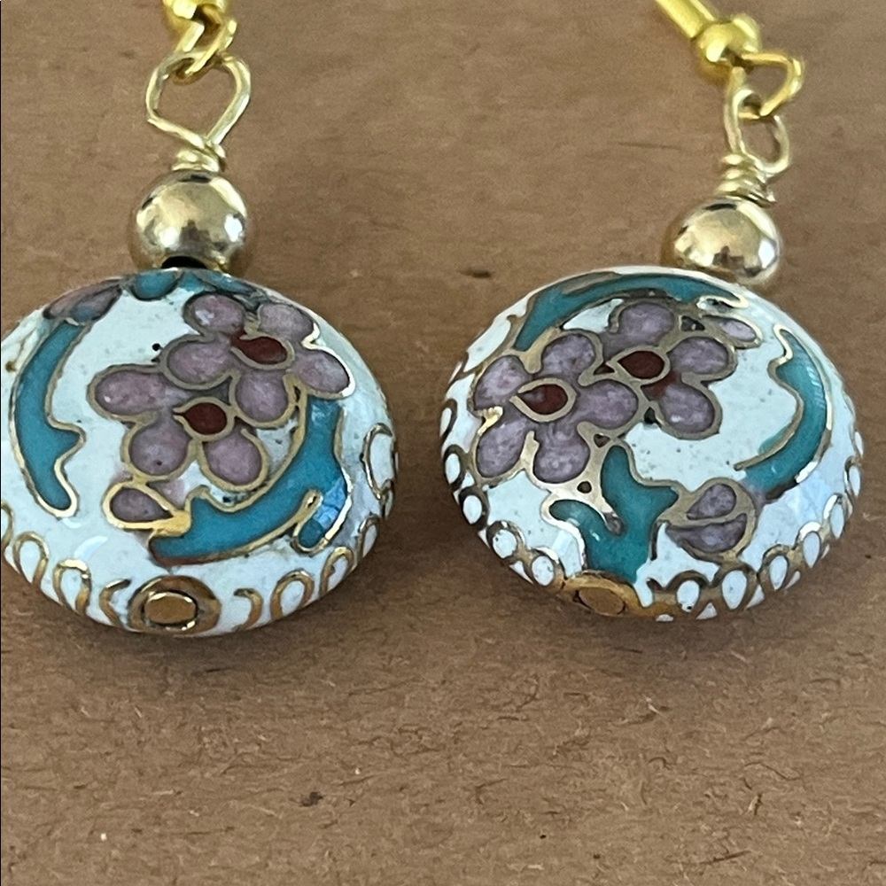 Floral Cloisonné Enamel Drop Earrings .925 hooks